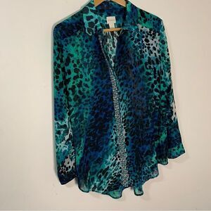 Chicos Long Sleeve Button Down Sheer Animal Print Blouse Size 1 8 10 Rhinestones